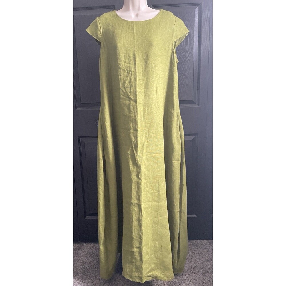 Bliss Linen Olive Green 100% Linen Maxi Dress Womens M Boho